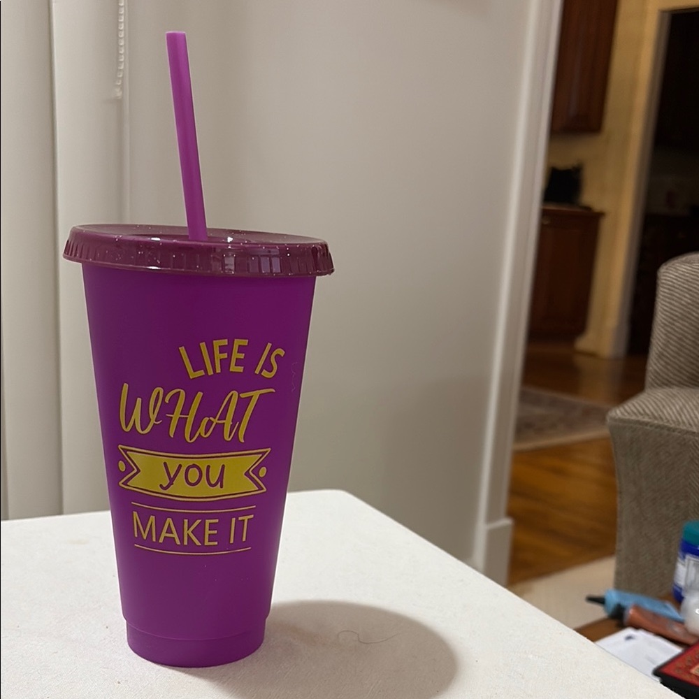 NEW Purple Tumbler with Straw. Motivational quote in gold. Lid has gold glitter